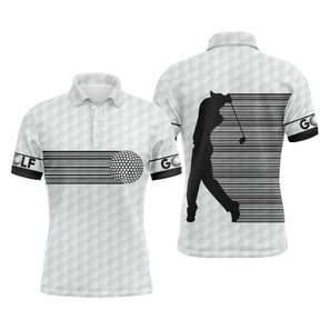 Polo golf homme blanc texture balle bande verticale code-barres noires côté gauche silhouette golfeur swing inscription GOLF