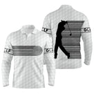 Polo manches longues golf unisexe blanc bande code-barres noires verticale silhouette golfeur GOLF tissu respirant