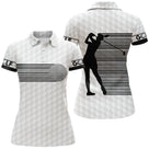 Polo golf femme blanc bande code-barres noires verticale silhouette golfeur inscription GOLF coupe cintrée tissu respirant