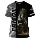 T-shirt cheval frison personnalisé noir avec frison au galop étincelles et lettrage FRISON