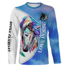 Manches longues cheval multicolore bleu blanc cheval aquarelle plumes Love Horse all-over