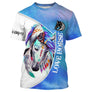 T-shirt cheval multicolore personnalisé bleu turquoise blanc all-over avec aquarelle et plumes Love Horse