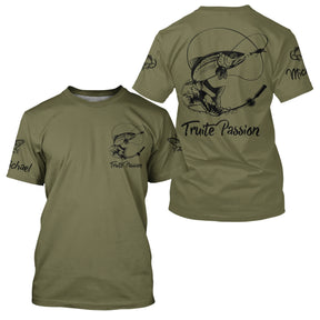 T-shirt pêche truite vert kaki Truite Passion devant truite stylisée prénom manche pêcheur personnalisé