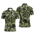 Polo golf homme camouflage militaire vert kaki beige silhouettes golfeurs swing voiturettes intégrées all-over