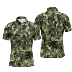 Polo golf homme camouflage militaire vert kaki beige silhouettes golfeurs swing voiturettes intégrées all-over