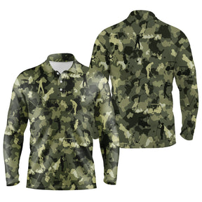 Polo manches longues golf unisexe camouflage militaire vert kaki silhouettes golfeurs voiturettes tissu respirant