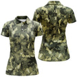 Polo golf femme camouflage militaire vert kaki silhouettes golfeurs voiturettes intégrées coupe cintrée tissu respirant