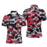 Polo golf homme camouflage urbain rouge écarlate noir blanc gris silhouettes golfeurs swing voiturettes intégrées all-over