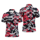 Polo golf homme camouflage urbain rouge écarlate noir blanc gris silhouettes golfeurs swing voiturettes intégrées all-over