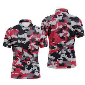 Polo golf homme camouflage urbain rouge écarlate noir blanc gris silhouettes golfeurs swing voiturettes intégrées all-over