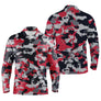 Polo manches longues golf unisexe camouflage rouge noir blanc silhouettes golfeurs voiturettes tissu respirant