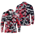 Polo manches longues golf unisexe camouflage rouge noir blanc silhouettes golfeurs voiturettes tissu respirant
