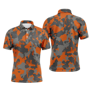 Polo golf homme camouflage orange vif noir intense gris urbain silhouettes golfeurs swing voiturettes intégrées all-over