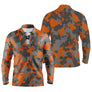 Polo manches longues golf unisexe camouflage orange noir gris silhouettes golfeurs voiturettes tissu respirant