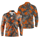Polo manches longues golf unisexe camouflage orange noir gris silhouettes golfeurs voiturettes tissu respirant