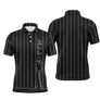 Polo golf homme noir intense fines rayures verticales blanches dessin trait golfeur swing bas zone prénom Michel poitrine