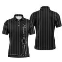 Polo golf homme noir intense fines rayures verticales blanches dessin trait golfeur swing bas zone prénom Michel poitrine