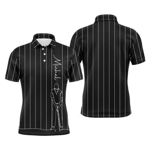 Polo golf homme noir intense fines rayures verticales blanches dessin trait golfeur swing bas zone prénom Michel poitrine