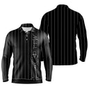 Polo manches longues golf unisexe noir fines rayures verticales blanches trait golfeur prénom tissu respirant
