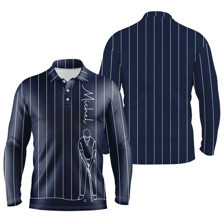 Polo de Golf Personnalisé, Dessin Au Trait Golfeur, Golfeuse, Cadeau Original Pour Fans de Golf, Noir, Blanc, Bleu Marine - CTS19052222 - Polo manches longues unisexe - Marine