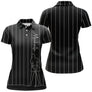 Polo golf femme noir intense fines rayures verticales blanches dessin trait golfeur prénom coupe cintrée