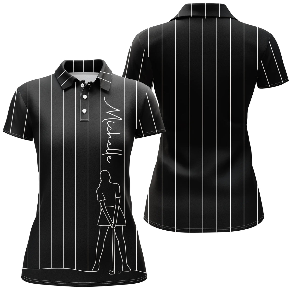 Polo de Golf Personnalisé, Dessin Au Trait Golfeur, Golfeuse, Cadeau Original Pour Fans de Golf, Noir, Blanc, Bleu Marine - CTS19052222 - Polo Femme - Noir