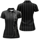 Polo golf femme noir intense fines rayures verticales blanches dessin trait golfeur prénom coupe cintrée