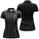 Polo golf femme noir intense fines rayures verticales blanches dessin trait golfeur prénom coupe cintrée