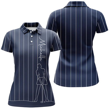 Polo de Golf Personnalisé, Dessin Au Trait Golfeur, Golfeuse, Cadeau Original Pour Fans de Golf, Noir, Blanc, Bleu Marine - CTS19052222 - Polo Femme - Marine