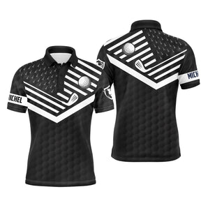 Polo golf homme noir intense grands chevrons blancs balle de golf clubs croisés zone prénom Michel manche