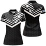 Polo golf femme noir intense chevrons blancs balle de golf clubs croisés zone prénom coupe cintrée tissu respirant