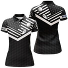 Polo golf femme noir intense chevrons blancs balle de golf clubs croisés zone prénom coupe cintrée tissu respirant