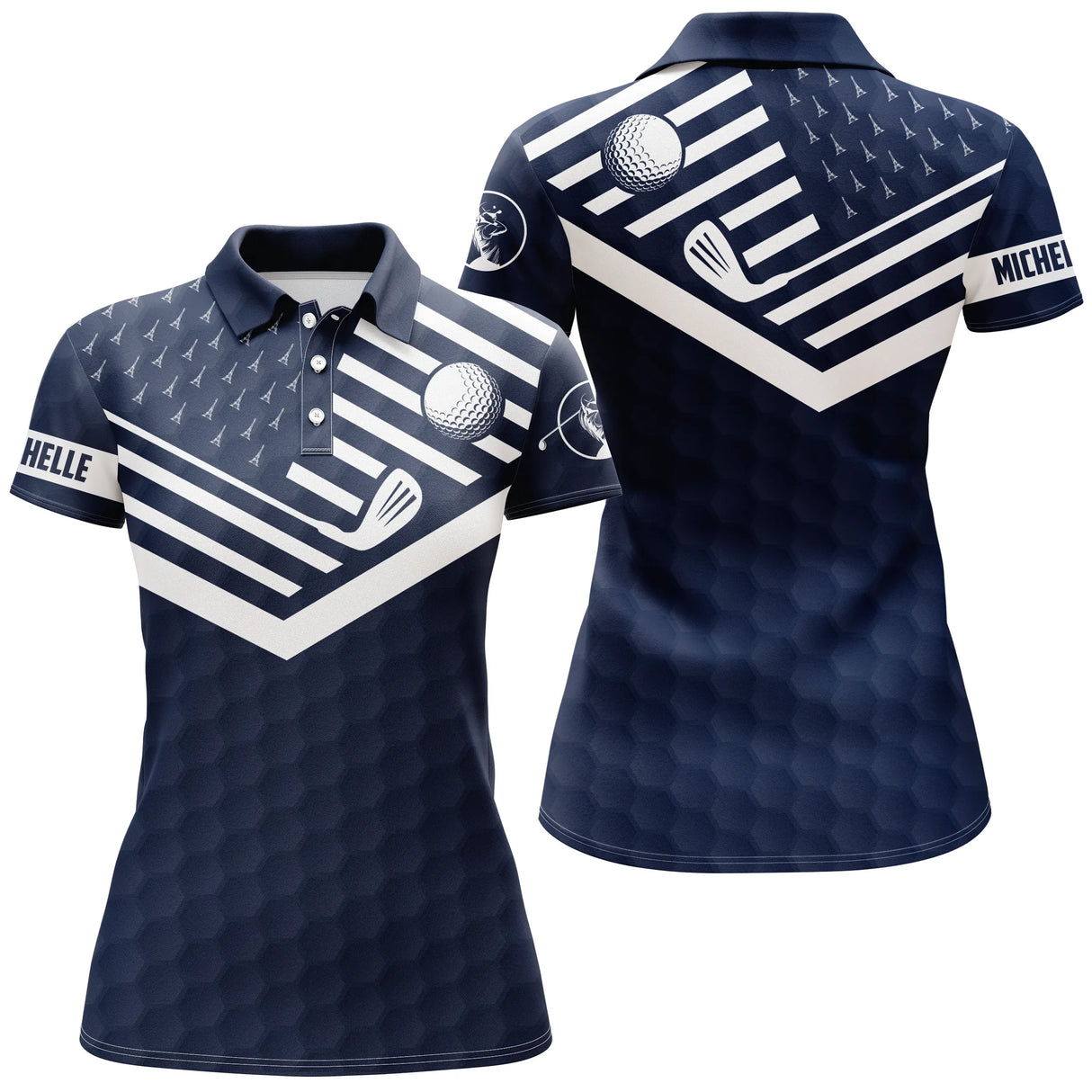 Polo golf femme blanc immaculé chevrons noirs balle de golf clubs croisés zone prénom coupe cintrée