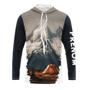 T-shirt unisexe manches longues all-over montagne enneigée alpine et tente orange, prénom personnalisé