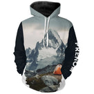 T-shirt variante manches longues all-over montagne enneigée et tente orange aventure alpine, prén