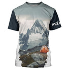 T-shirt variante manches longues all-over montagne enneigée et tente orange aventure alpine, prén