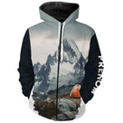 T-shirt variante manches longues all-over montagne enneigée et tente orange aventure alpine, prén