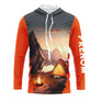 T-shirt unisexe manches longues all-over coucher de soleil orange montagne tente et feu de camp, prénom personnalisé