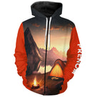 T-shirt variante manches longues all-over coucher de soleil orange montagne tente et feu de camp,