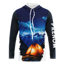 T-shirt unisexe manches longues all-over nuit étoilée bleu nuit et tente illuminée, prénom personnalisé
