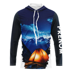 T-shirt unisexe manches longues all-over nuit étoilée bleu nuit et tente illuminée, prénom personnalisé