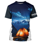 T-shirt variante manches longues all-over nuit étoilée bleu nuit et tente illuminée, prénom perso