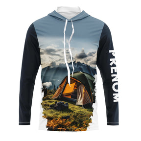 T-shirt unisexe manches longues all-over montagne et tente camping prêt à partir, prénom personnalisé