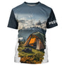 T-shirt variante manches longues all-over montagne et tente camping prêt à partir, prénom personn