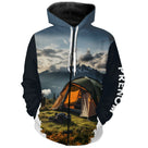 T-shirt variante manches longues all-over montagne et tente camping prêt à partir, prénom personn