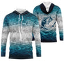 T-shirt pêche all-over col rond blanc texture aquatique Tahiti tracé ECG silhouette pêcheur cannes tricolore dos