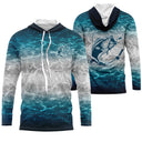 T-shirt pêche all-over col rond blanc texture aquatique Tahiti tracé ECG silhouette pêcheur cannes tricolore dos
