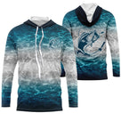 T-shirt pêche all-over col rond blanc texture aquatique Tahiti tracé ECG silhouette pêcheur cannes tricolore dos