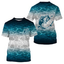 Anti-UV t-shirt manches longues pêche blanc Tahiti ECG silhouette pêcheur cannes tricolore prénom