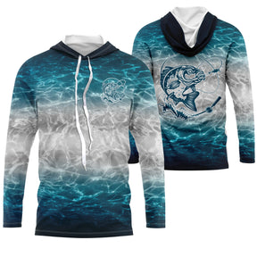 T-shirt pêche all-over col rond bleu turquoise océanique eau cristalline blanche carpe gros plan médaillon
